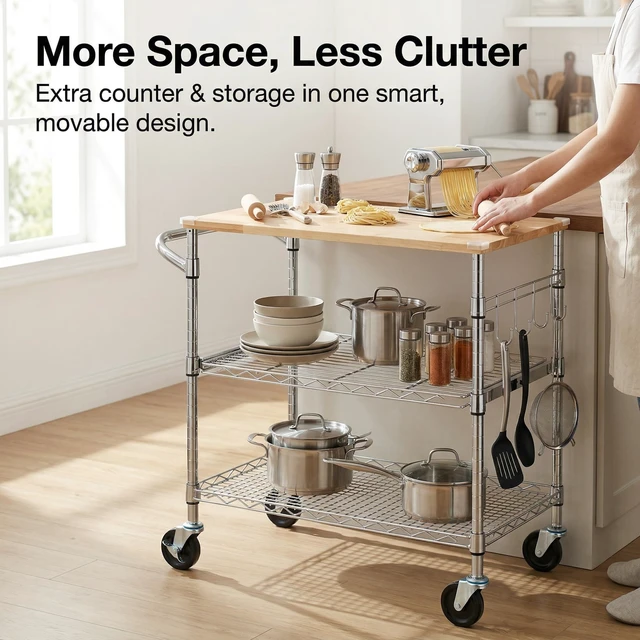 Alt view image 6 of 7 - 3-Tier Rolling Kitchen Cart With 18" D x 30" W Oak Wood Tabletop, Kitchen Island With 4" Wheels and Slider Shelf, Microwave & Coffee Cart With Hooks for Dining Room, Chrome