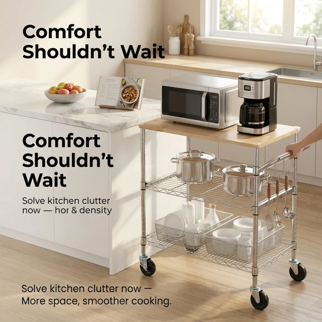 Alt view image 7 of 7 - 3-Tier Rolling Kitchen Cart With 18" D x 30" W Oak Wood Tabletop, Kitchen Island With 4" Wheels and Slider Shelf, Microwave & Coffee Cart With Hooks for Dining Room, Chrome