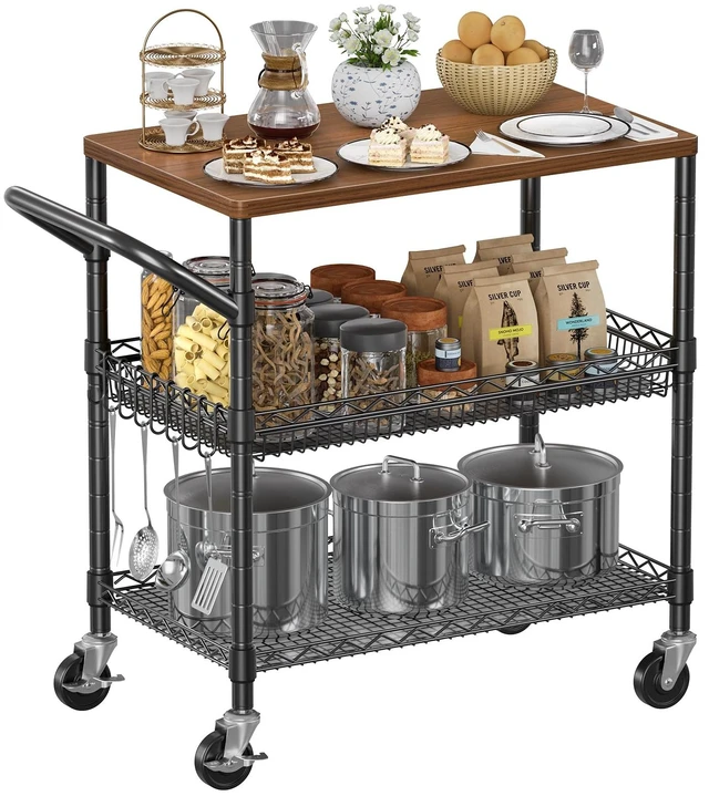Main image of Rolling Kitchen Carts on Wheels, 650Lbs Capacity 3 Tier Utility Cart with Wood Tabletop, Kitchen Storage Cart with 8 Hooks, Metal Serving Cart with Handle and Shelf Liners for Kitchen, Black