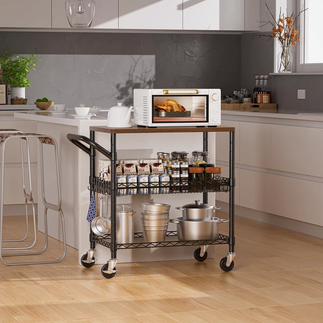 Alt view image 2 of 7 - Rolling Kitchen Carts on Wheels, 650Lbs Capacity 3 Tier Utility Cart with Wood Tabletop, Kitchen Storage Cart with 8 Hooks, Metal Serving Cart with Handle and Shelf Liners for Kitchen, Black