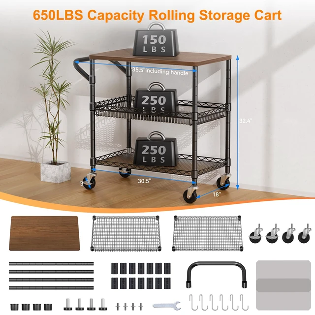 Alt view image 3 of 7 - Rolling Kitchen Carts on Wheels, 650Lbs Capacity 3 Tier Utility Cart with Wood Tabletop, Kitchen Storage Cart with 8 Hooks, Metal Serving Cart with Handle and Shelf Liners for Kitchen, Black