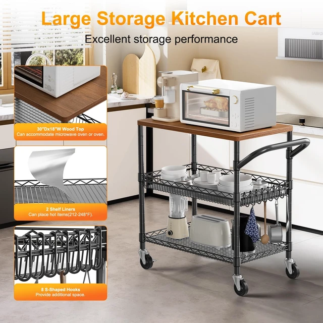 Alt view image 4 of 7 - Rolling Kitchen Carts on Wheels, 650Lbs Capacity 3 Tier Utility Cart with Wood Tabletop, Kitchen Storage Cart with 8 Hooks, Metal Serving Cart with Handle and Shelf Liners for Kitchen, Black