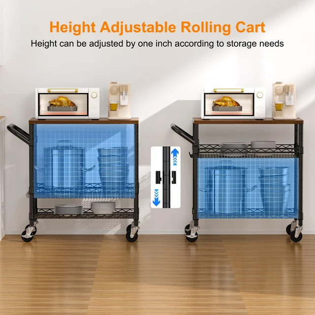 Alt view image 6 of 7 - Rolling Kitchen Carts on Wheels, 650Lbs Capacity 3 Tier Utility Cart with Wood Tabletop, Kitchen Storage Cart with 8 Hooks, Metal Serving Cart with Handle and Shelf Liners for Kitchen, Black