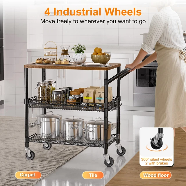 Alt view image 7 of 7 - Rolling Kitchen Carts on Wheels, 650Lbs Capacity 3 Tier Utility Cart with Wood Tabletop, Kitchen Storage Cart with 8 Hooks, Metal Serving Cart with Handle and Shelf Liners for Kitchen, Black