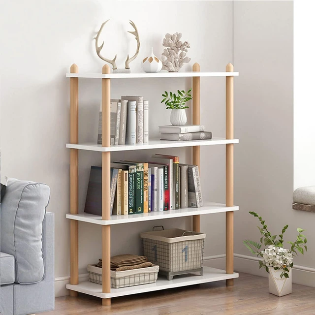 Main image of 4-Tier Wooden Shelf Bookcase, Freestanding Open Bookshelf, White | Beech Wood Frame, 0.63" Shelves, Display Storage for Books, Plants, Decor, Living Room, Bedroom, Home Office