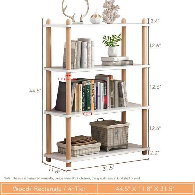 Alt view image 6 of 7 - 4-Tier Wooden Shelf Bookcase, Freestanding Open Bookshelf, White | Beech Wood Frame, 0.63" Shelves, Display Storage for Books, Plants, Decor, Living Room, Bedroom, Home Office