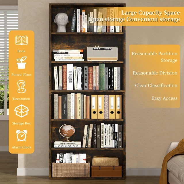 Alt view image 2 of 6 - Bookshelf,6-Tier Open Bookcase and Bookshelves,6 Shelf Display Storage Shelves Floor Standing 70.6 inches Tall Bookcase for Home Office, Living Room (Brown)