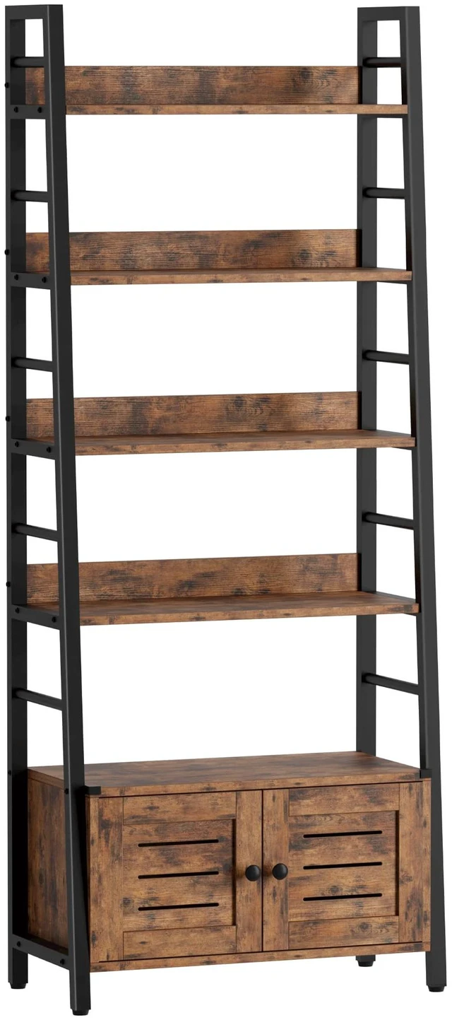 Main image of 4 Tier Ladder Bookcase with Louvered Doors Rustic Brown | Bookshelf, Ladder Shelf,bottom cabinet,anti tip kit, for Bedroom, Living Room, Home Office
