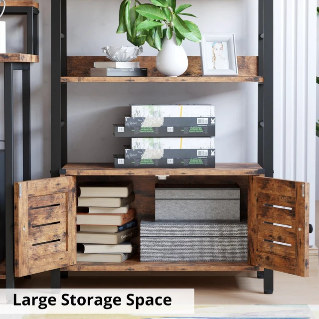 Alt view image 2 of 7 - 4 Tier Ladder Bookcase with Louvered Doors Rustic Brown | Bookshelf, Ladder Shelf,bottom cabinet,anti tip kit, for Bedroom, Living Room, Home Office