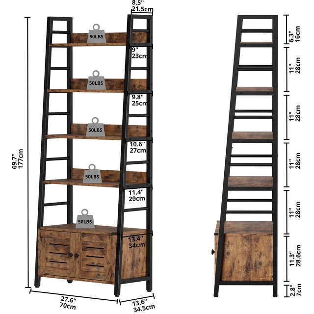 Alt view image 4 of 7 - 4 Tier Ladder Bookcase with Louvered Doors Rustic Brown | Bookshelf, Ladder Shelf,bottom cabinet,anti tip kit, for Bedroom, Living Room, Home Office