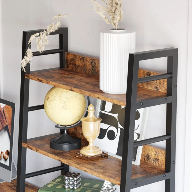Alt view image 5 of 7 - 4 Tier Ladder Bookcase with Louvered Doors Rustic Brown | Bookshelf, Ladder Shelf,bottom cabinet,anti tip kit, for Bedroom, Living Room, Home Office