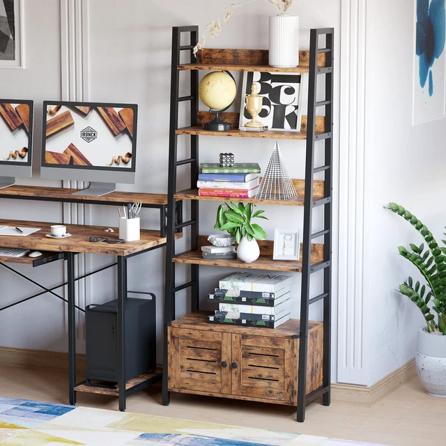 Alt view image 3 of 7 - 4 Tier Ladder Bookcase with Louvered Doors Rustic Brown | Bookshelf, Ladder Shelf,bottom cabinet,anti tip kit, for Bedroom, Living Room, Home Office