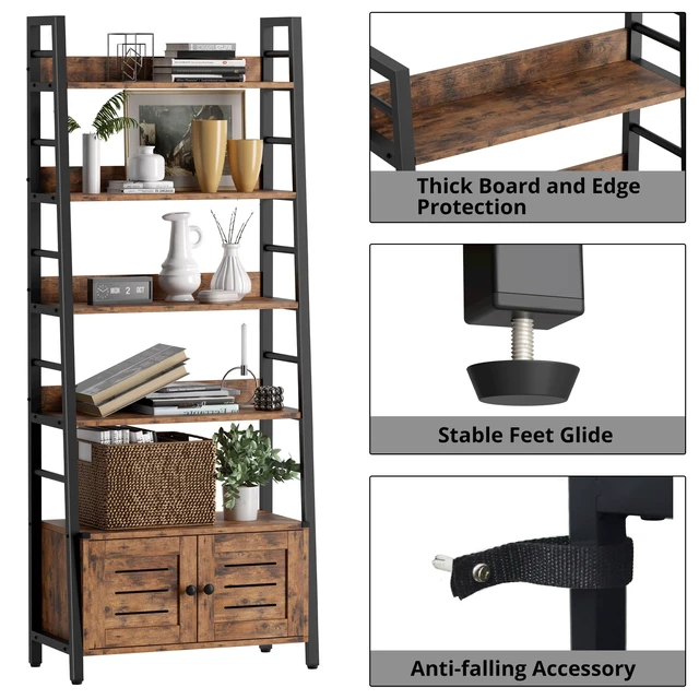 Alt view image 6 of 7 - 4 Tier Ladder Bookcase with Louvered Doors Rustic Brown | Bookshelf, Ladder Shelf,bottom cabinet,anti tip kit, for Bedroom, Living Room, Home Office