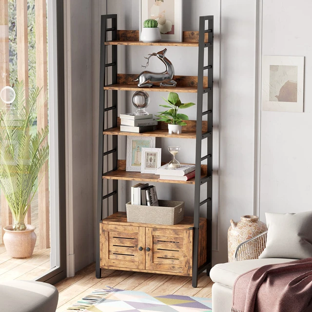 Alt view image 7 of 7 - 4 Tier Ladder Bookcase with Louvered Doors Rustic Brown | Bookshelf, Ladder Shelf,bottom cabinet,anti tip kit, for Bedroom, Living Room, Home Office