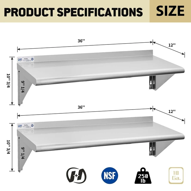 Alt view image 2 of 7 - Hally Stainless Steel Shelf 2 Pack Wall Mounted Metal Shelves 12"x36" NSF | Kitchen Wall Shelf, 250lb Capacity, Heavy Duty Commercial Storage Rack, for Restaurant, Cafe, Bar , Garage, Laundry Room