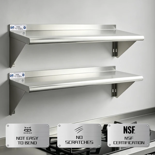 Alt view image 4 of 7 - Hally Stainless Steel Shelf 2 Pack Wall Mounted Metal Shelves 12"x36" NSF | Kitchen Wall Shelf, 250lb Capacity, Heavy Duty Commercial Storage Rack, for Restaurant, Cafe, Bar , Garage, Laundry Room