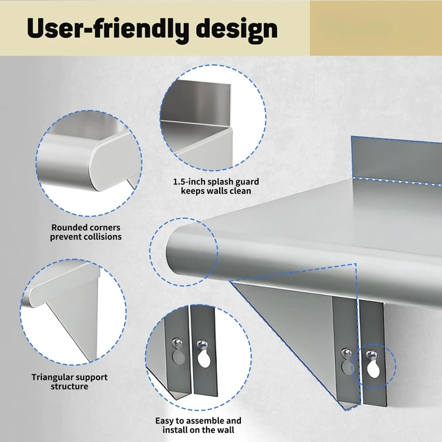Alt view image 5 of 7 - Hally Stainless Steel Shelf 2 Pack Wall Mounted Metal Shelves 12"x36" NSF | Kitchen Wall Shelf, 250lb Capacity, Heavy Duty Commercial Storage Rack, for Restaurant, Cafe, Bar , Garage, Laundry Room