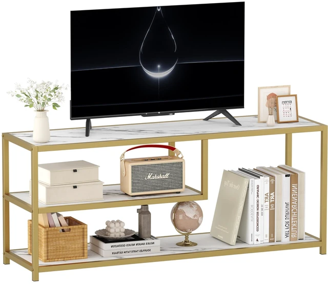 Main image of TV Stand for TVs up to 55 Inch, 3 Tier Entertainment Center, Media Console with Open Storage Shelves for Living Room Bedroom, 47 Modern TV Table with Faux Marble Top Gold Metal Leg