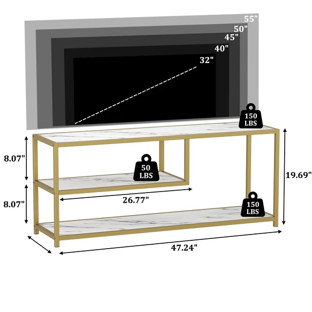 Alt view image 3 of 7 - TV Stand for TVs up to 55 Inch, 3 Tier Entertainment Center, Media Console with Open Storage Shelves for Living Room Bedroom, 47 Modern TV Table with Faux Marble Top Gold Metal Leg