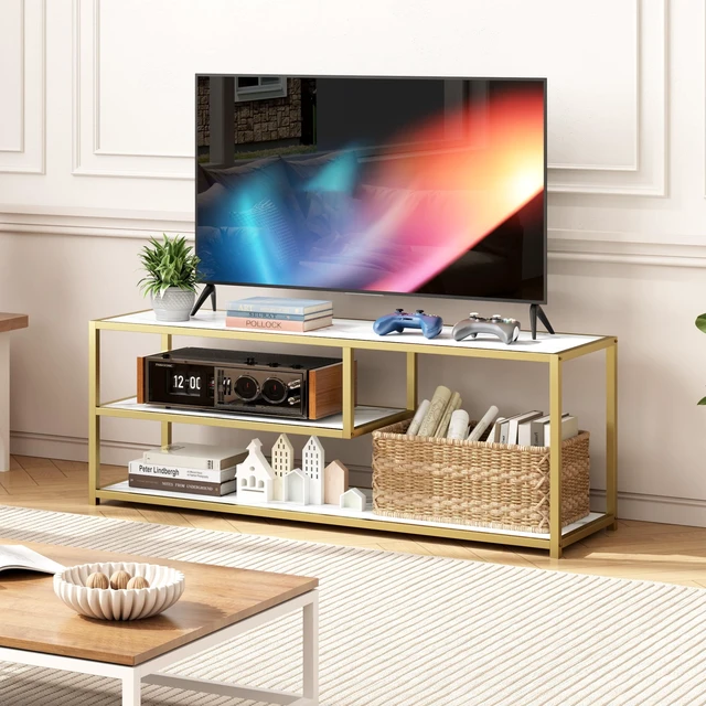 Alt view image 2 of 7 - TV Stand for TVs up to 55 Inch, 3 Tier Entertainment Center, Media Console with Open Storage Shelves for Living Room Bedroom, 47 Modern TV Table with Faux Marble Top Gold Metal Leg