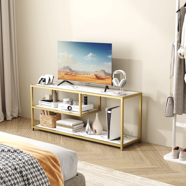 Alt view image 4 of 7 - TV Stand for TVs up to 55 Inch, 3 Tier Entertainment Center, Media Console with Open Storage Shelves for Living Room Bedroom, 47 Modern TV Table with Faux Marble Top Gold Metal Leg