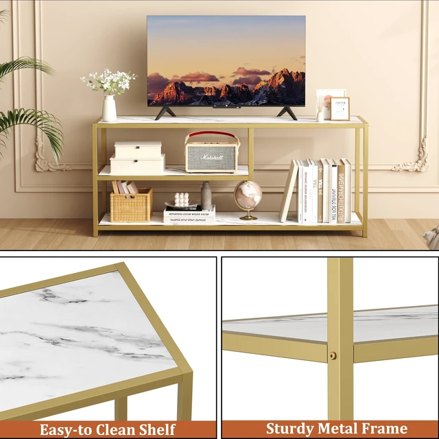 Alt view image 5 of 7 - TV Stand for TVs up to 55 Inch, 3 Tier Entertainment Center, Media Console with Open Storage Shelves for Living Room Bedroom, 47 Modern TV Table with Faux Marble Top Gold Metal Leg