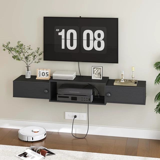 Alt view image 2 of 7 - 55" Floating TV Stand with Power Outlets, Modern Wall Mounted Media Console Shelf with Doors, Entertainment Center for Under TV Storage, for Living Room, Bedroom, Black BK11UDS01
