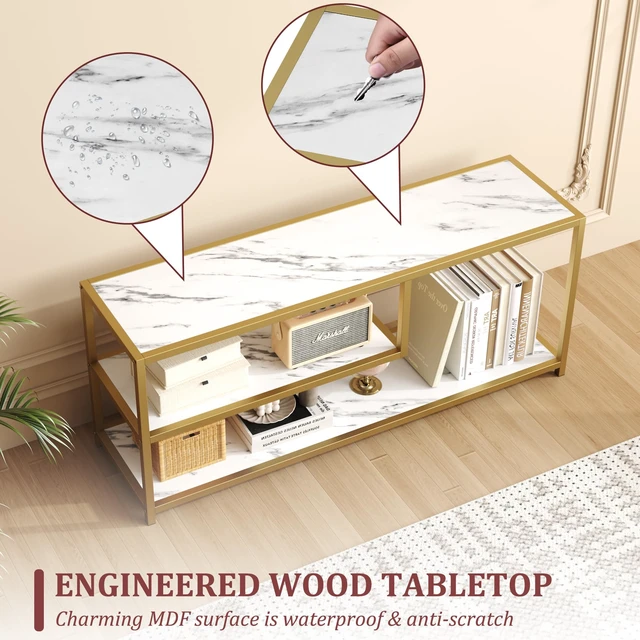 Alt view image 7 of 7 - TV Stand for TVs up to 55 Inch, 3 Tier Entertainment Center, Media Console with Open Storage Shelves for Living Room Bedroom, 47 Modern TV Table with Faux Marble Top Gold Metal Leg