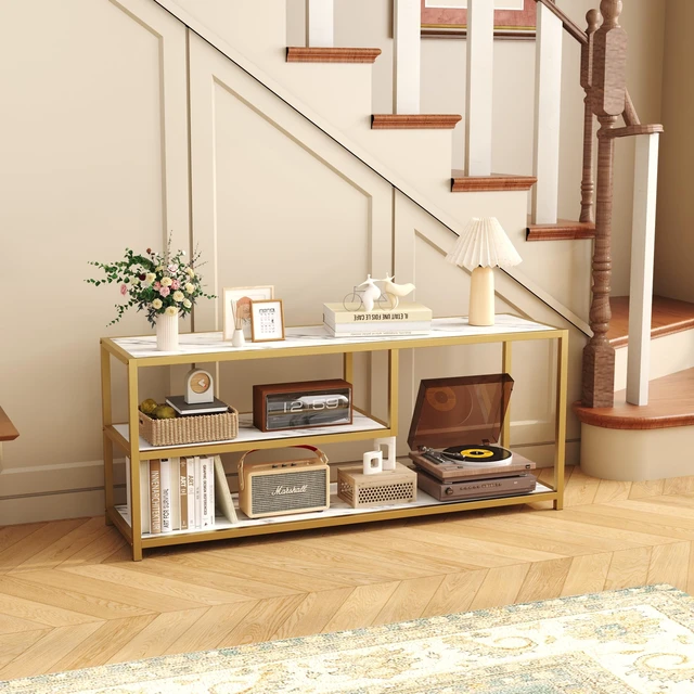 Alt view image 6 of 7 - TV Stand for TVs up to 55 Inch, 3 Tier Entertainment Center, Media Console with Open Storage Shelves for Living Room Bedroom, 47 Modern TV Table with Faux Marble Top Gold Metal Leg