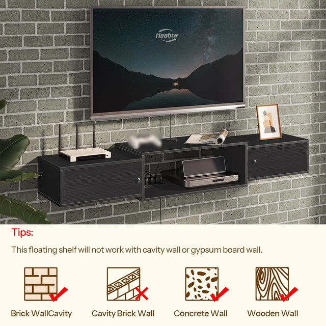 Alt view image 4 of 7 - 55" Floating TV Stand with Power Outlets, Modern Wall Mounted Media Console Shelf with Doors, Entertainment Center for Under TV Storage, for Living Room, Bedroom, Black BK11UDS01