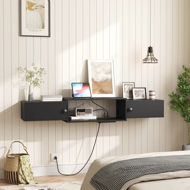 Alt view image 7 of 7 - 55" Floating TV Stand with Power Outlets, Modern Wall Mounted Media Console Shelf with Doors, Entertainment Center for Under TV Storage, for Living Room, Bedroom, Black BK11UDS01
