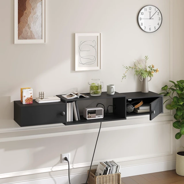 Alt view image 5 of 7 - 55" Floating TV Stand with Power Outlets, Modern Wall Mounted Media Console Shelf with Doors, Entertainment Center for Under TV Storage, for Living Room, Bedroom, Black BK11UDS01