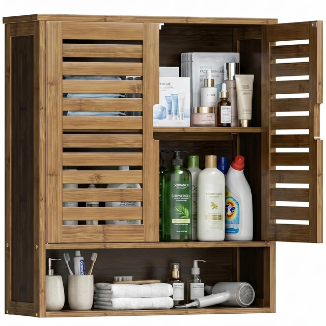 Main image of Bathroom Cabinet Wall Mounted, Bamboo Over-The-Toilet Storage Organizer, Space Saver Medicine Cabinet with 2 Door and Adjustable Shelves (Walnut)