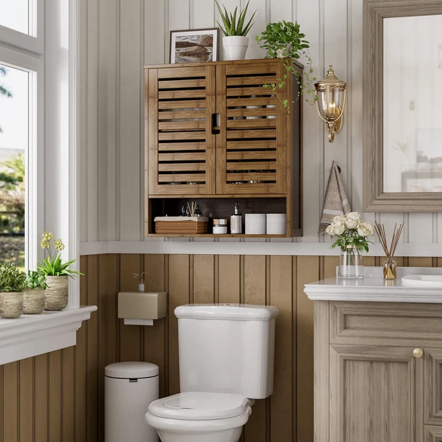 Alt view image 2 of 7 - Bathroom Cabinet Wall Mounted, Bamboo Over-The-Toilet Storage Organizer, Space Saver Medicine Cabinet with 2 Door and Adjustable Shelves (Walnut)