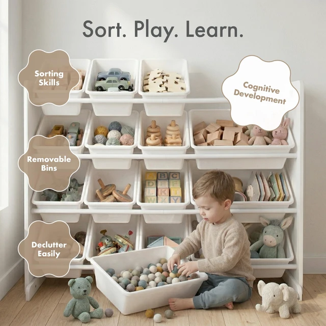 Alt view image 5 of 7 - Kids Toy Organizer with 16 Bins, 4 Tier Storage for Playroom | Sturdy wood and steel toddler shelf, removable BPA-free containers, wall anchor anti-tip safety kit for bedroom or classroom