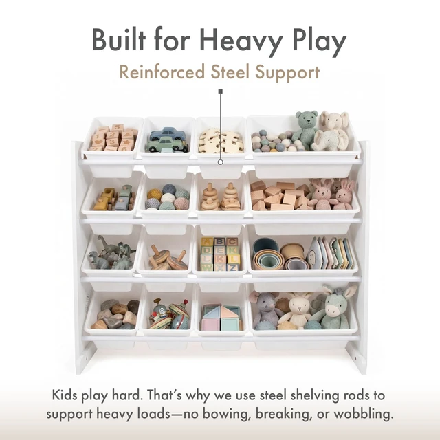 Alt view image 4 of 7 - Kids Toy Organizer with 16 Bins, 4 Tier Storage for Playroom | Sturdy wood and steel toddler shelf, removable BPA-free containers, wall anchor anti-tip safety kit for bedroom or classroom