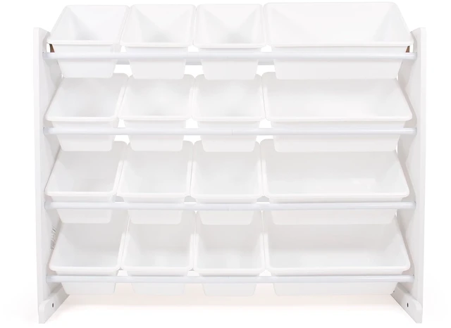 Main image of Kids Toy Organizer with 16 Bins, 4 Tier Storage for Playroom | Sturdy wood and steel toddler shelf, removable BPA-free containers, wall anchor anti-tip safety kit for bedroom or classroom