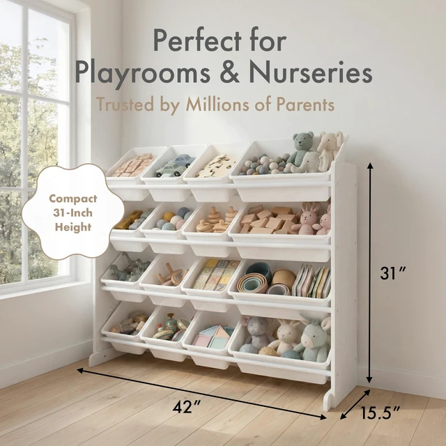 Alt view image 6 of 7 - Kids Toy Organizer with 16 Bins, 4 Tier Storage for Playroom | Sturdy wood and steel toddler shelf, removable BPA-free containers, wall anchor anti-tip safety kit for bedroom or classroom