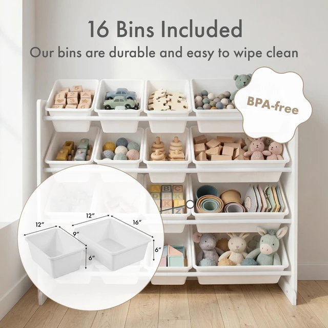 Alt view image 3 of 7 - Kids Toy Organizer with 16 Bins, 4 Tier Storage for Playroom | Sturdy wood and steel toddler shelf, removable BPA-free containers, wall anchor anti-tip safety kit for bedroom or classroom