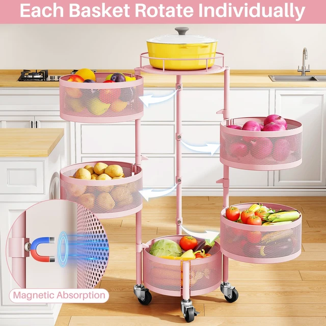 Alt view image 3 of 7 - 5-Tier Fruit and Vegetable Basket Bowls for Kitchen, Rotating, Pink | Metal Top Lid, Rolling Storage Rack Cart for Potato, Onion &Fruit, Large Wire Basket Organizer for Kitchen Counter, Pantry