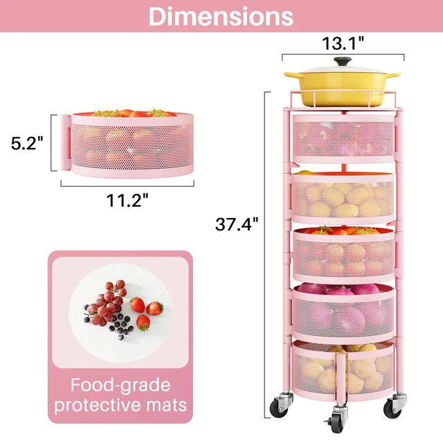 Alt view image 2 of 7 - 5-Tier Fruit and Vegetable Basket Bowls for Kitchen, Rotating, Pink | Metal Top Lid, Rolling Storage Rack Cart for Potato, Onion &Fruit, Large Wire Basket Organizer for Kitchen Counter, Pantry