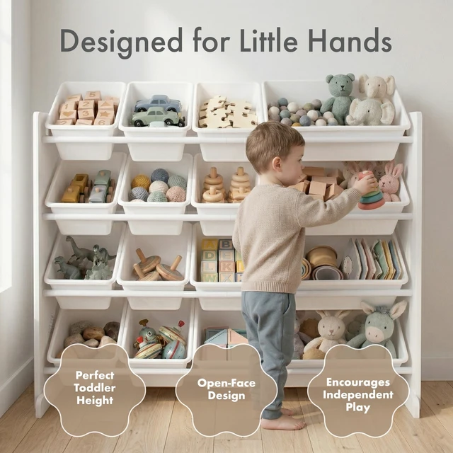 Alt view image 2 of 7 - Kids Toy Organizer with 16 Bins, 4 Tier Storage for Playroom | Sturdy wood and steel toddler shelf, removable BPA-free containers, wall anchor anti-tip safety kit for bedroom or classroom