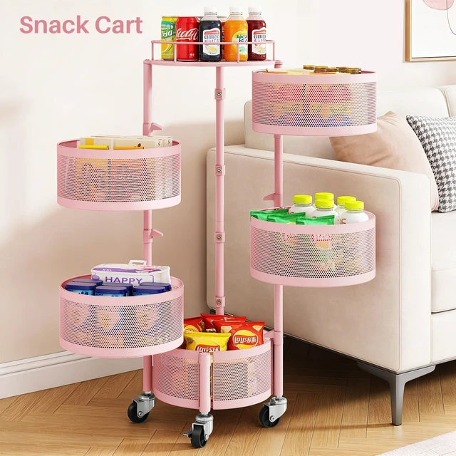 Alt view image 6 of 7 - 5-Tier Fruit and Vegetable Basket Bowls for Kitchen, Rotating, Pink | Metal Top Lid, Rolling Storage Rack Cart for Potato, Onion &Fruit, Large Wire Basket Organizer for Kitchen Counter, Pantry