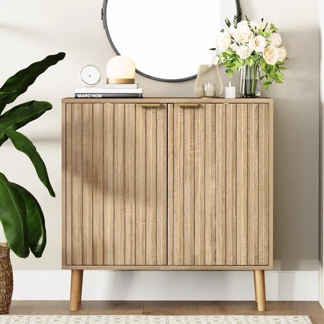 Main image of Fluted Storage Cabinet, Free Standing Buffet, Wood Sideboard, Multifunctional Accent Storage for Living Room, Hallway, Entryway, Dining Room (1, Oak)