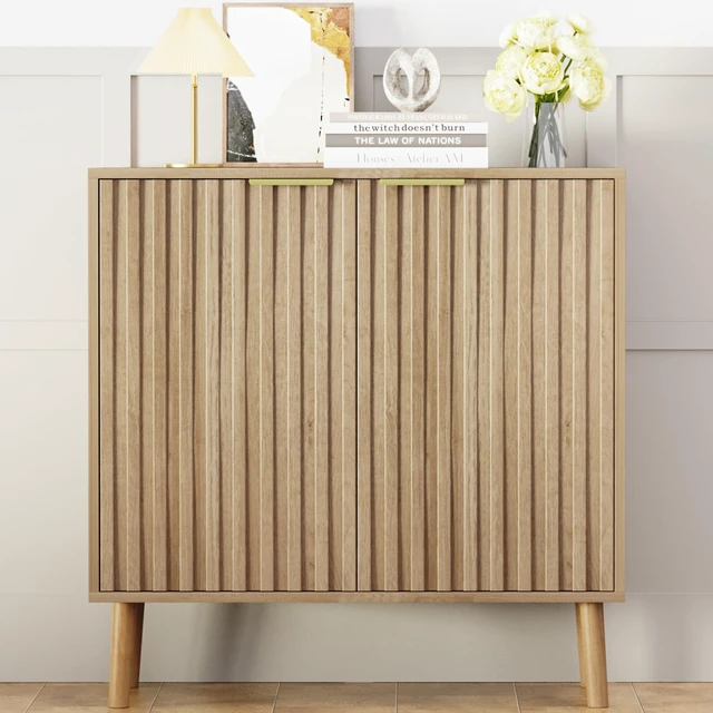 Alt view image 7 of 7 - Fluted Storage Cabinet, Free Standing Buffet, Wood Sideboard, Multifunctional Accent Storage for Living Room, Hallway, Entryway, Dining Room (1, Oak)