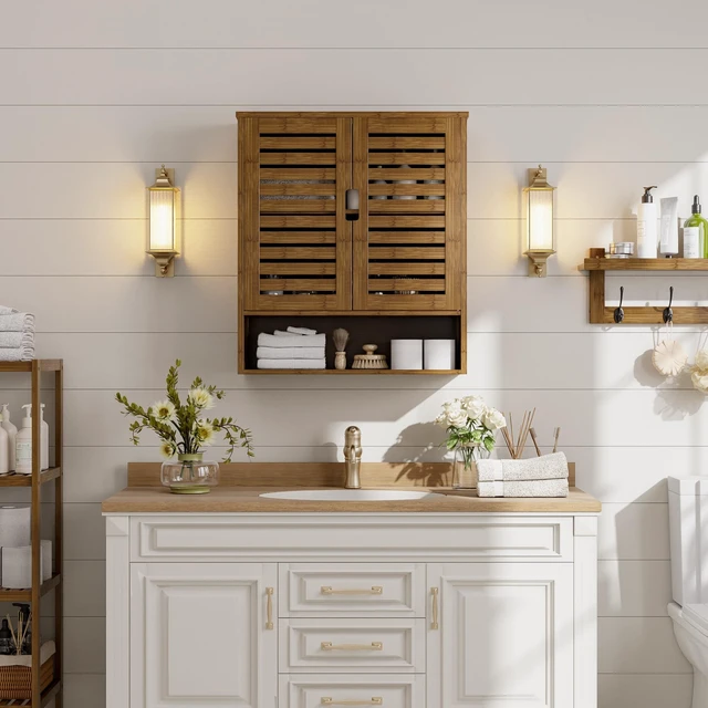 Alt view image 6 of 7 - Bathroom Cabinet Wall Mounted, Bamboo Over-The-Toilet Storage Organizer, Space Saver Medicine Cabinet with 2 Door and Adjustable Shelves (Walnut)