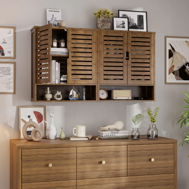 Alt view image 4 of 7 - Bathroom Cabinet Wall Mounted, Bamboo Over-The-Toilet Storage Organizer, Space Saver Medicine Cabinet with 2 Door and Adjustable Shelves (Walnut)