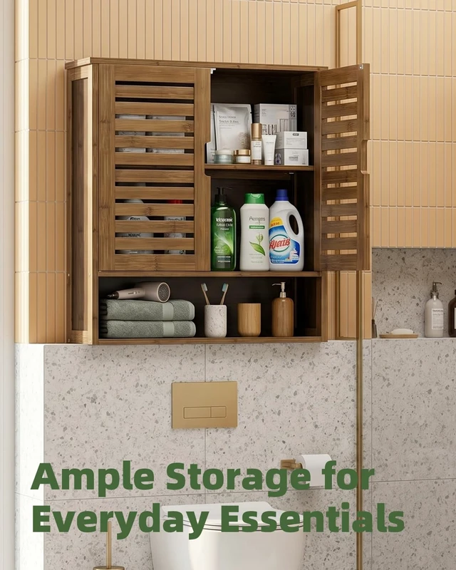 Alt view image 7 of 7 - Bathroom Cabinet Wall Mounted, Bamboo Over-The-Toilet Storage Organizer, Space Saver Medicine Cabinet with 2 Door and Adjustable Shelves (Walnut)