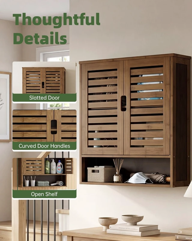 Alt view image 5 of 7 - Bathroom Cabinet Wall Mounted, Bamboo Over-The-Toilet Storage Organizer, Space Saver Medicine Cabinet with 2 Door and Adjustable Shelves (Walnut)