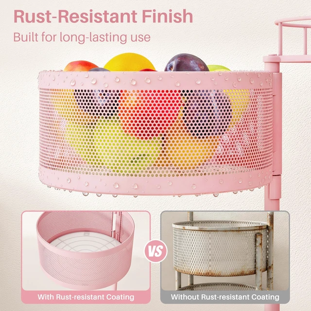 Alt view image 5 of 7 - 5-Tier Fruit and Vegetable Basket Bowls for Kitchen, Rotating, Pink | Metal Top Lid, Rolling Storage Rack Cart for Potato, Onion &Fruit, Large Wire Basket Organizer for Kitchen Counter, Pantry
